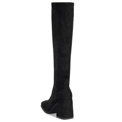 Black Faux Suede Square Toe 3'' Chunky Heel Wide Calf Knee High Boots