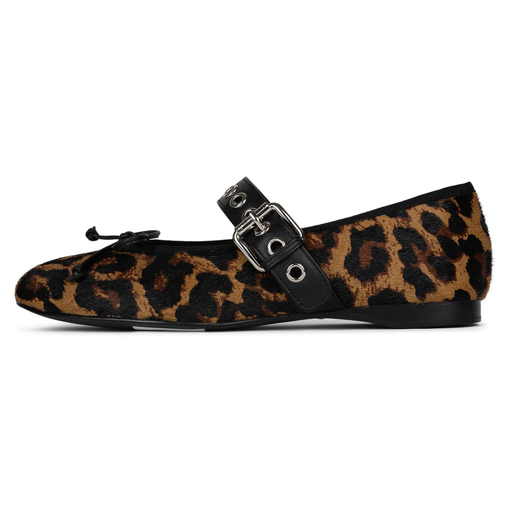 Leopard Print Square Toe Bow Studded Buckle Strap Ballet Flats