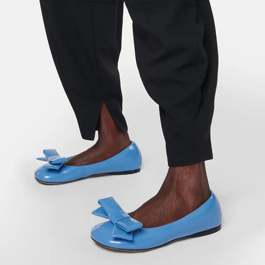 Blue Vegan Patent Leather Closed Toe Bow Embellished Flat Shoes