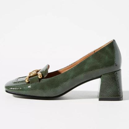 Vintage Green Square Toe Chunky Heel Slip-On Horsebit Loafers