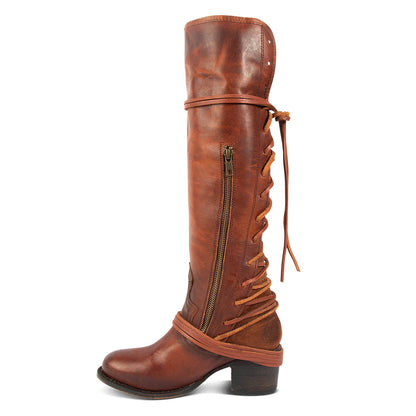 Brown Round Toe Chunky Heel Lace Up Vintage Knee High Boots