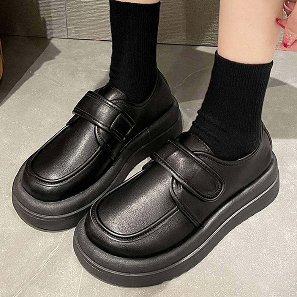 Black Round Toe Platform Loafers With Buckles Flats