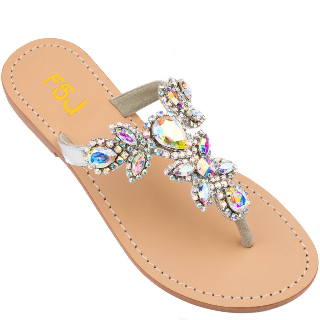 Women's Colorful Jeweled Sparkly Sandals Flat Summer Beach Flip Flops