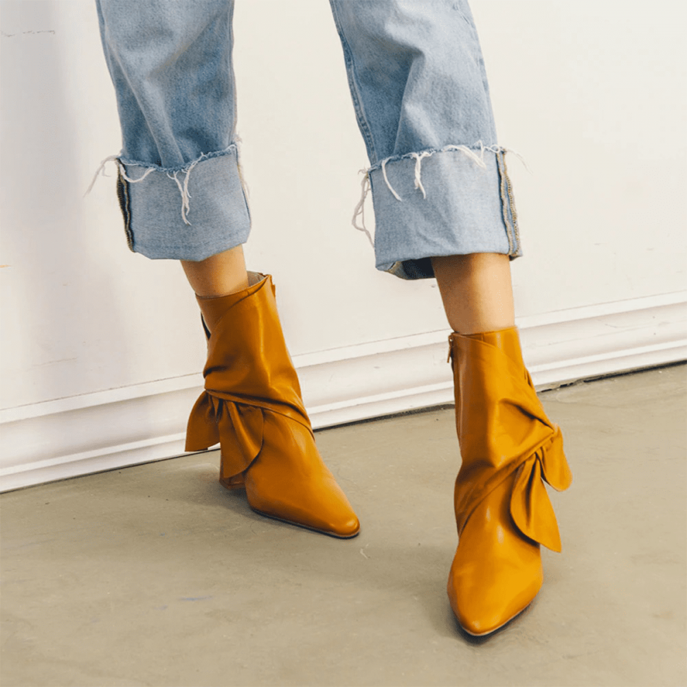 Women's Yellow Pointed Toe Chunky Heel Knotted Ankle Boots