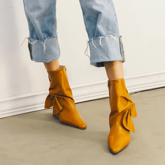 Women's Yellow Pointed Toe Chunky Heel Knotted Ankle Boots