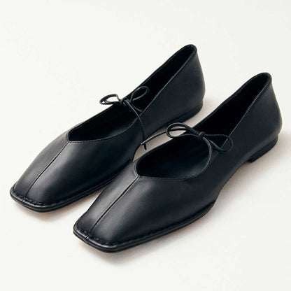 Black Vegan Leather Closed Square Toe Ballet Flats with Bow Straps
