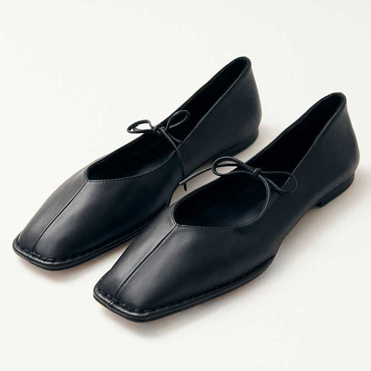 Black Vegan Leather Closed Square Toe Ballet Flats with Bow Straps