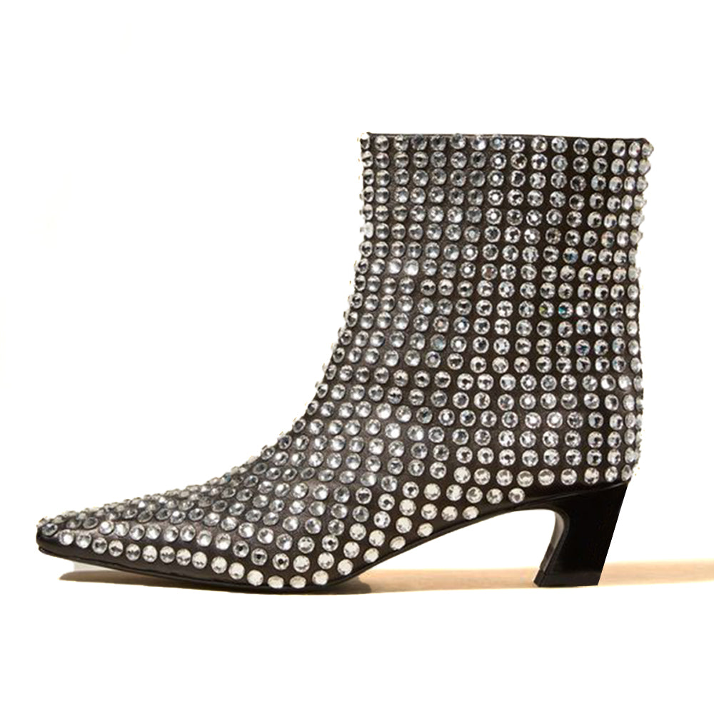 Women's Sparkly Rhinestone Embellished Chunky Heel Ankle Boots