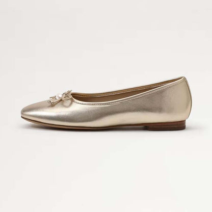 Gold Square Toe Ballet Flats With Bow Pearl Decor