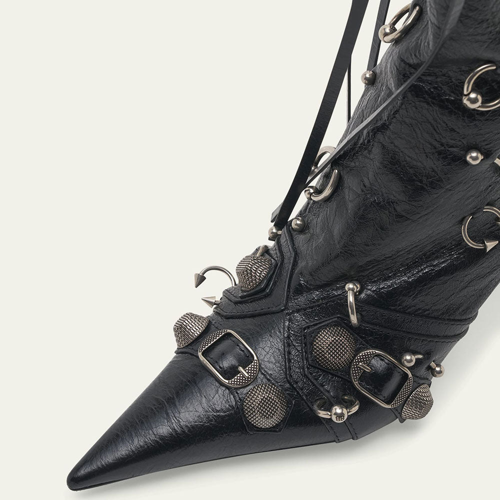 Black Pointed Toe Studded Buckled Knee High Boots with Ring-Piercing