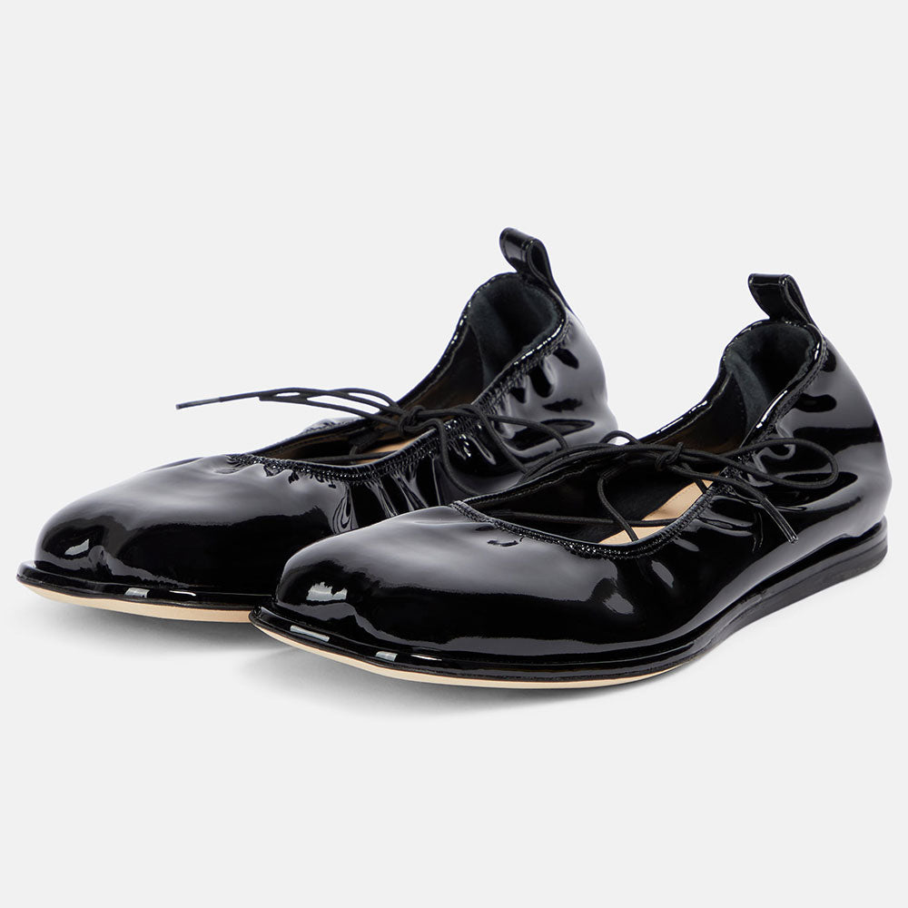Black Patent Leather Square Toe Elasticated Edge Lace Up Ballet Flats