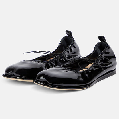 Black Patent Leather Square Toe Elasticated Edge Lace Up Ballet Flats
