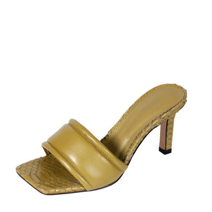 Women's Olive Sandals Classic Square Toe Kitten Heel Mules Shoes