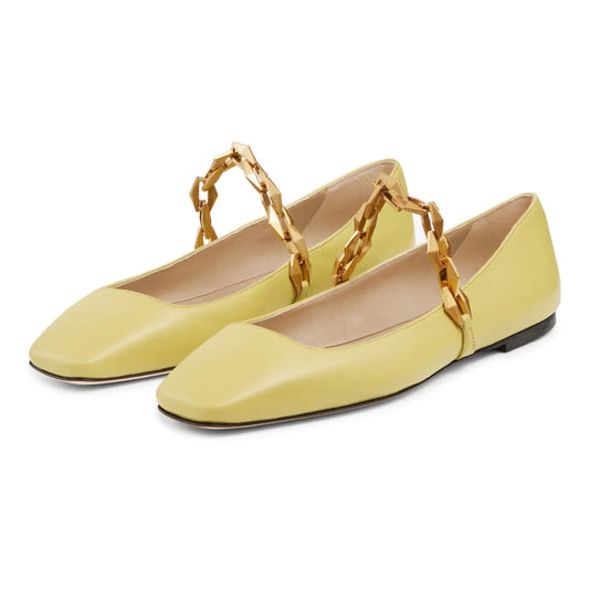 Yellow Vegan Leather Square Toe Ballet Flats with Metal Chain Design