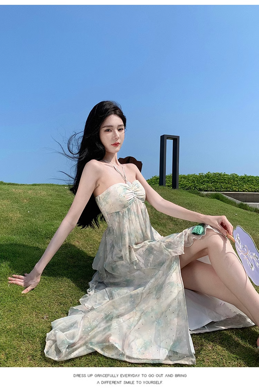 Simple Fashion Women Floaral Design Beach Holiday Halter Dress TP3074