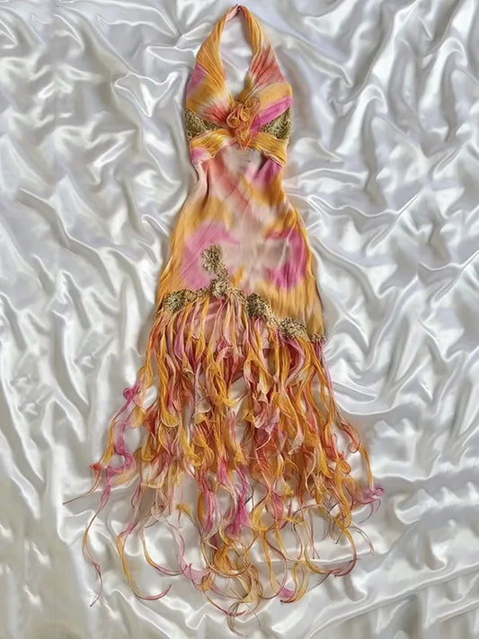 Vintage Chiffon Halter-neck Prom Dress Sheath Ruffled Evening Dress Formal Dress TP4673