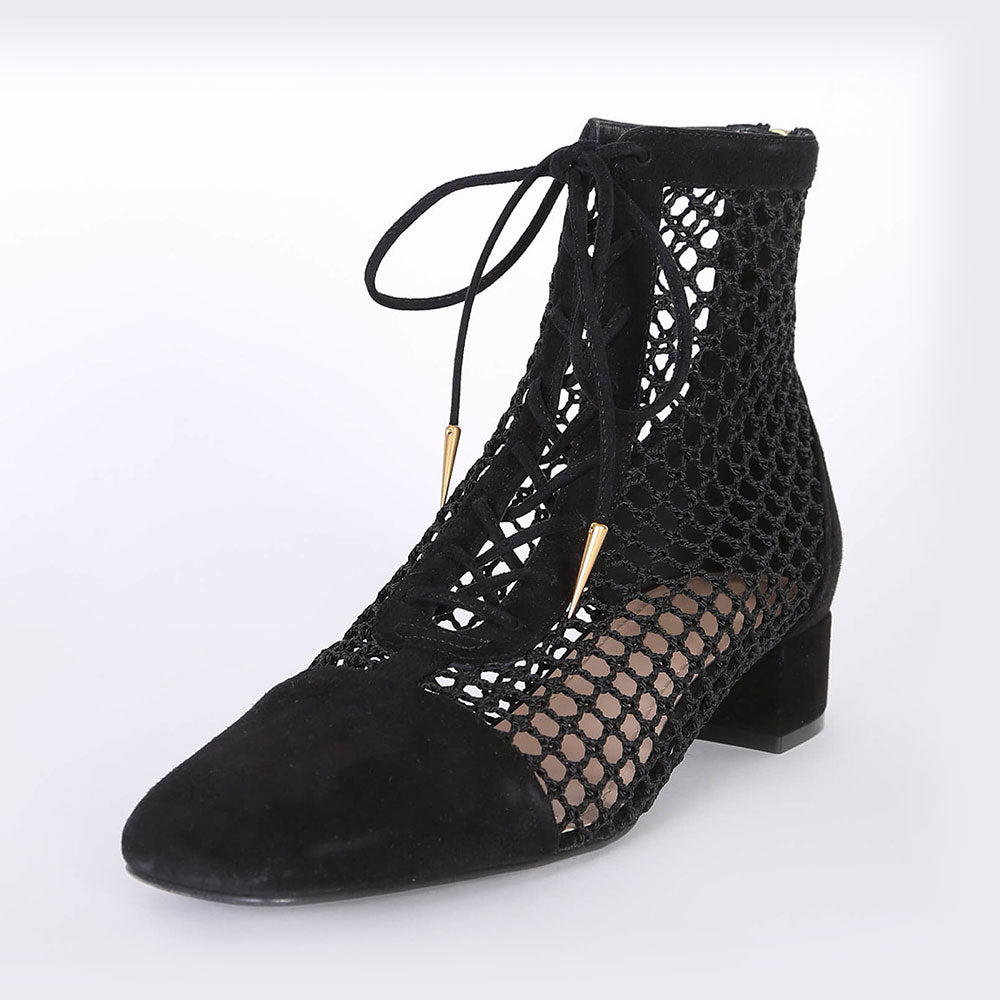 Black Nets Lace Up Summer Booties Block Heel Ankle Boots