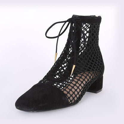 Black Nets Lace Up Summer Booties Block Heel Ankle Boots