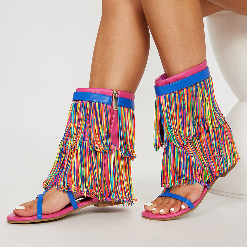 Multicolor Open-Toe Fringe Flats Strappy Mid-Calf Summer Boots
