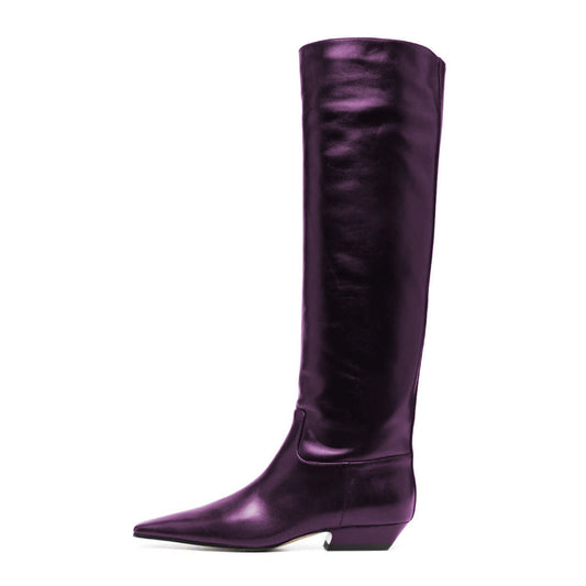 Purple Vegan Leather Square Toe Knee High Boots with Chunky Heel