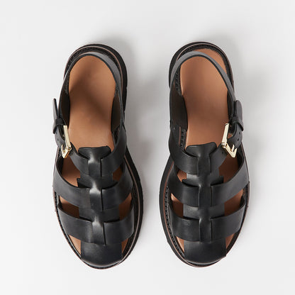 Black  Sandals With Strapy Fish Man Flats Sandals