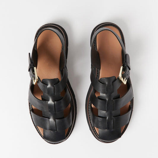 Black  Sandals With Strapy Fish Man Flats Sandals