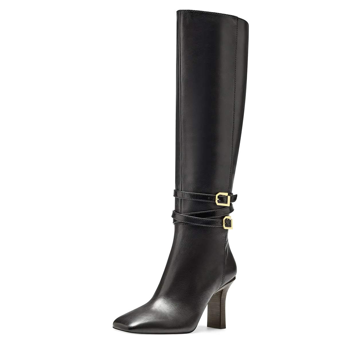 Black Square Toe 3'' Block Heel Knee High Boots with Buckles