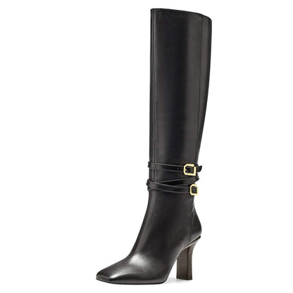 Black Square Toe 3'' Block Heel Knee High Boots with Buckles