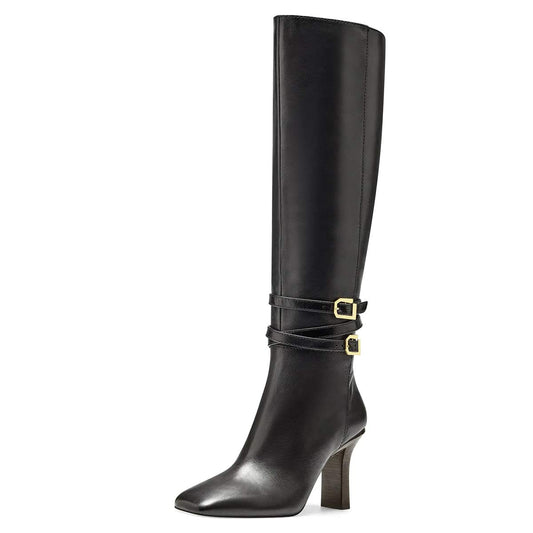 Black Square Toe 3'' Block Heel Knee High Boots with Buckles