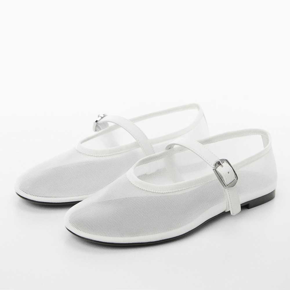 Women's White Mesh Sophisticated Buckle Strap Comfy Ballet Flats