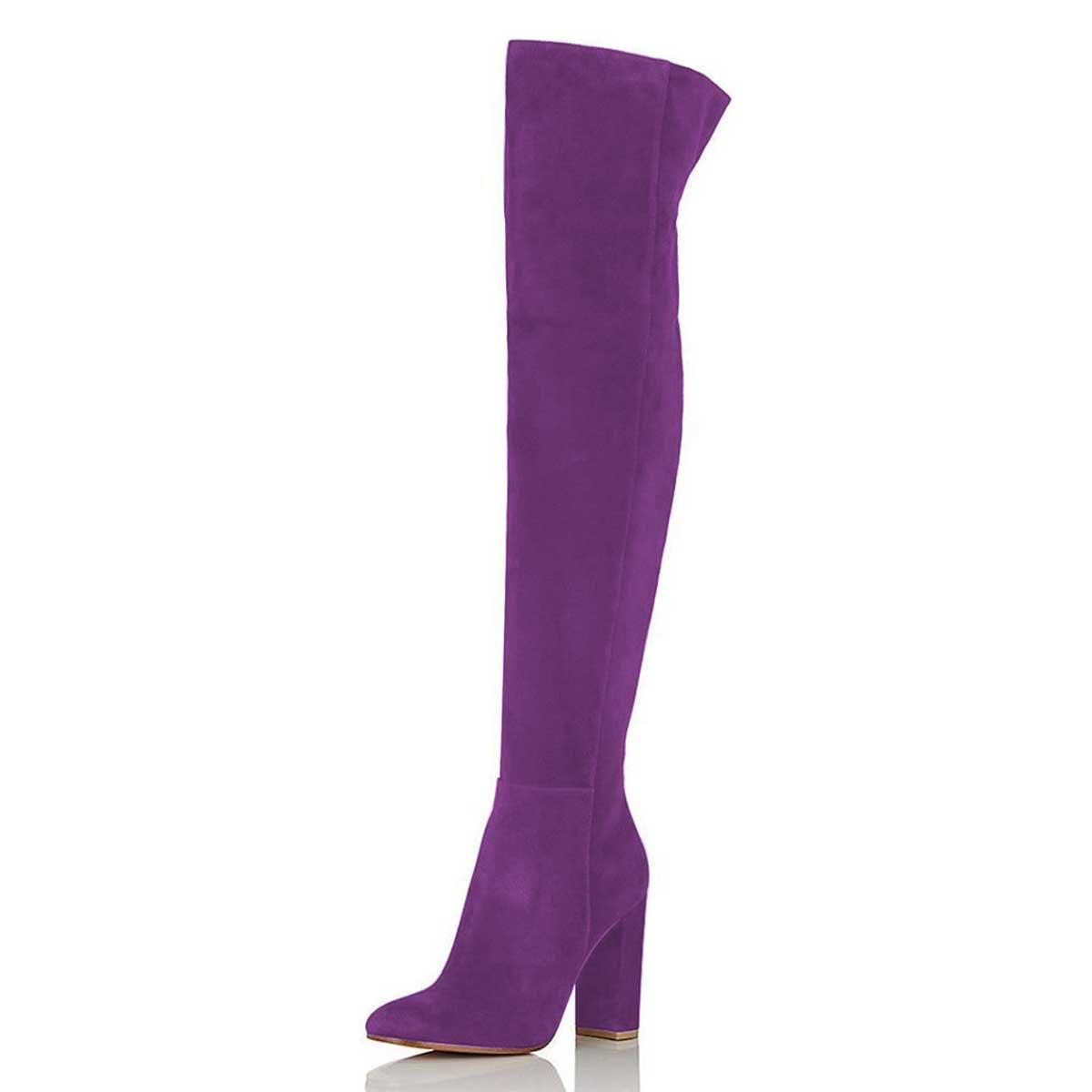 Women's Vegan Suede Closed Toe Over The Knee Boots with Block Heels