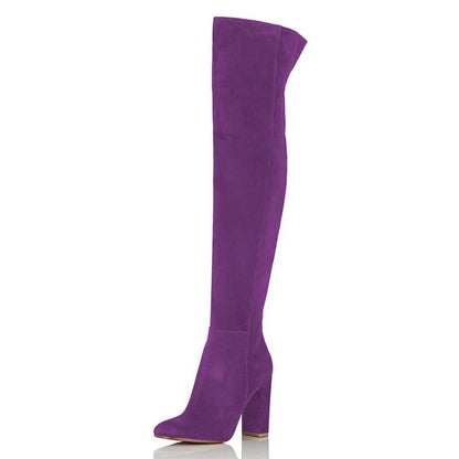 Women's Vegan Suede Closed Toe Over The Knee Boots with Block Heels