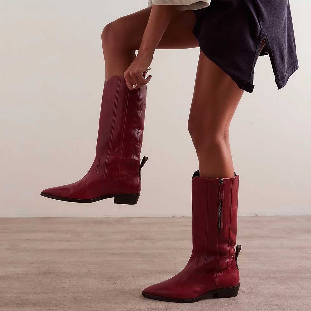 Pull Tab Pointed Toe Low Heel Mid Calf Boots with Zipper in Maroon