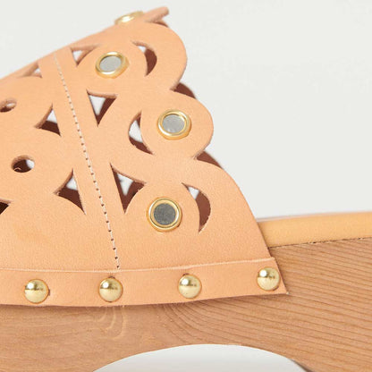 Beige Round Toe Studded Platform Mules Perforated Heeled Clogs