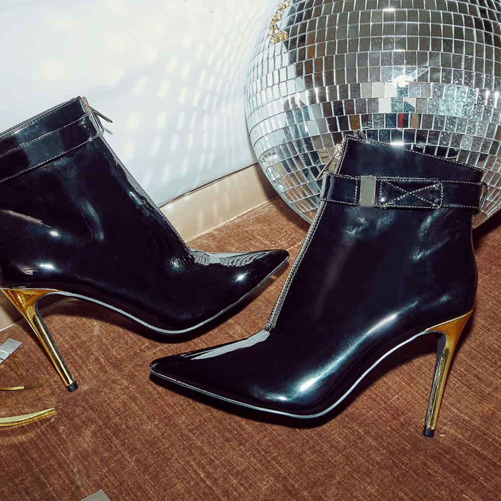 Black Patent Leather Front Zipper Stiletto Heel Ankle Boots