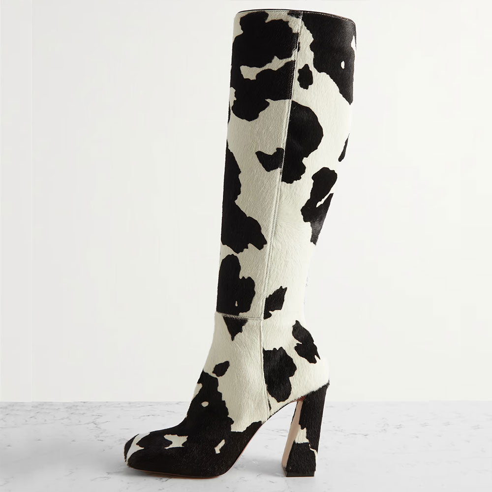 Black & White Square Toe Cow-Print Hair Block Heel Knee High Boots