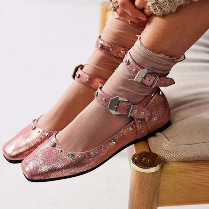 Pink Glitter Round Toe Strappy Ballet Flats