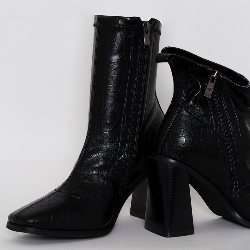 Black Bamboo Chunky Heel Pointy Toe Mid Calf Boots