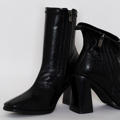 Black Bamboo Chunky Heel Pointy Toe Mid Calf Boots