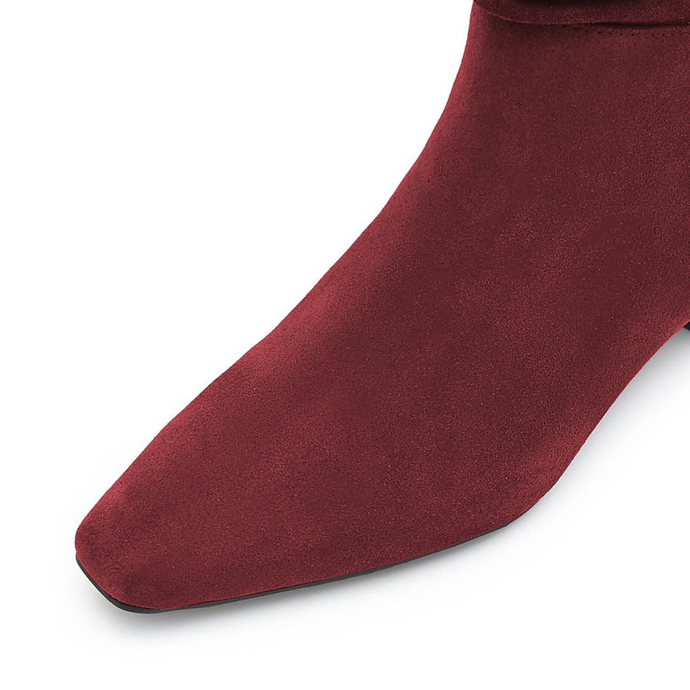 Women's Square Toe Low Heel Fringe Maroon Below The Knee Boots