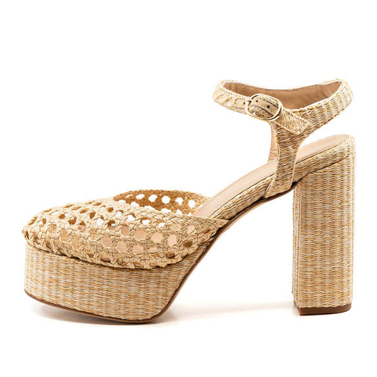 Beige Raffia Woven Ankle Strap Round Toe Platform Sandals for Women