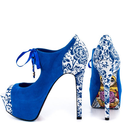 Blue Peep Toe Lace Up Heels Matryoshka Doll Print Platform Pumps