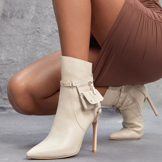 Beige Pocketed Ankle Boots Women's Stiletto Heel Booties with Studs