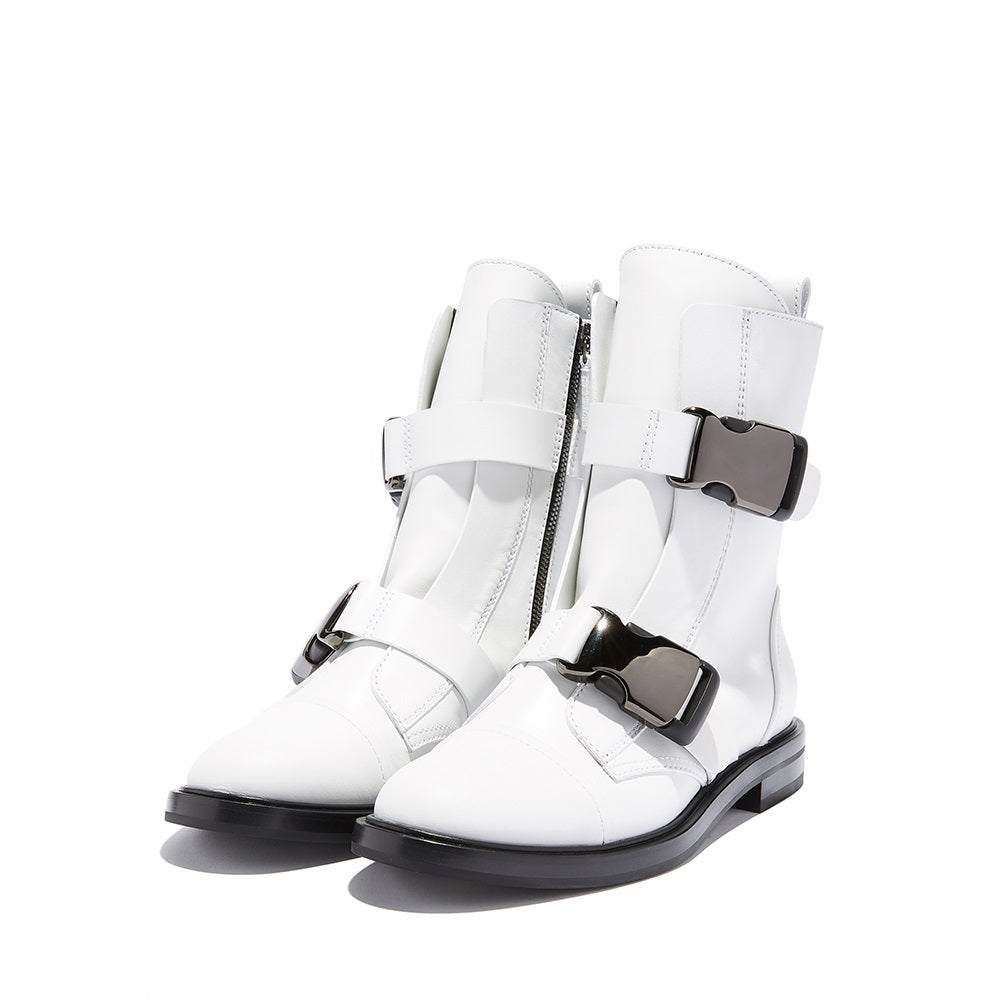 Women's White Casual Round Toe Flat Buckle Boots