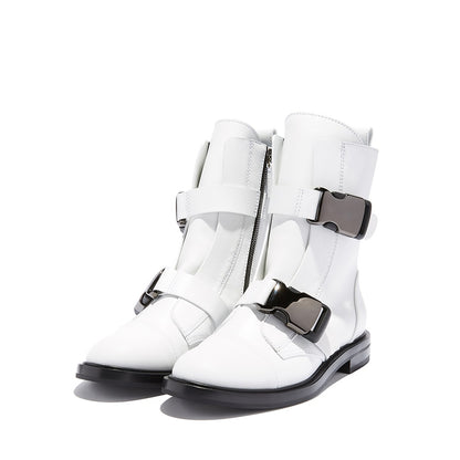 Women's White Casual Round Toe Flat Buckle Boots