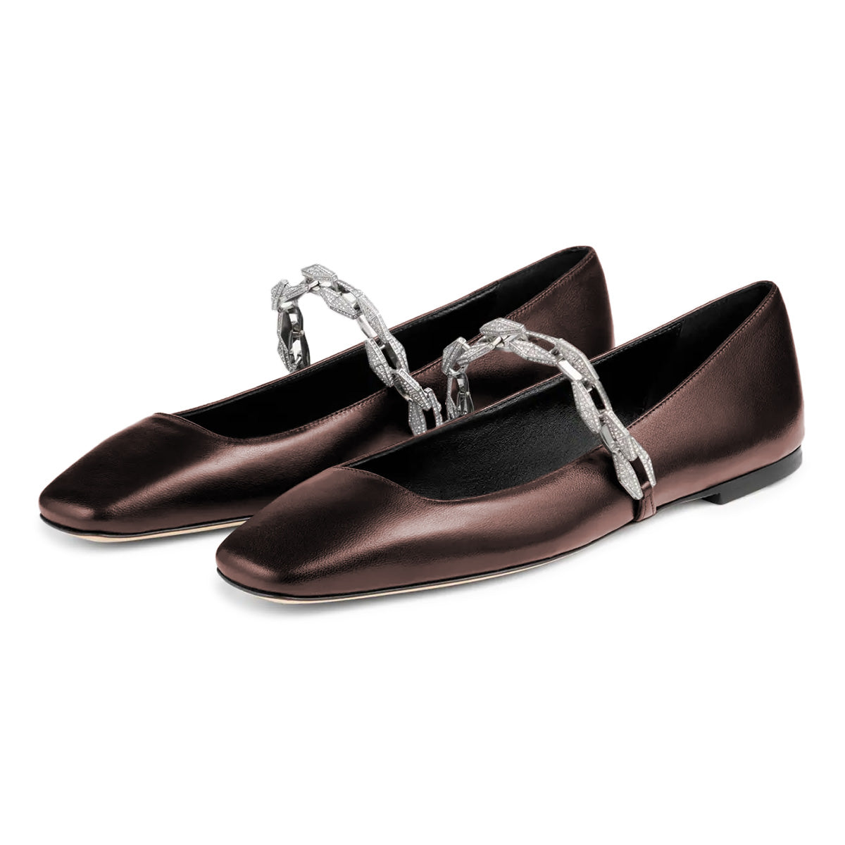 Brown Slip-On Square Toe Rhinestone Chain Ballet Flats with Straps