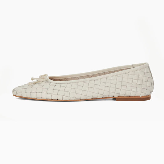 Ivory Woven Detail Square Toe Bow Accent Casual Flat Shoes Women