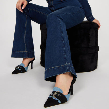 Black & Blue Denim Closed Toe Kitten Heel Buckled Mules