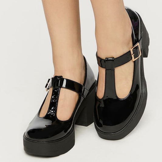 Black Patent Leather Closed Toe Chunky Heel Platform Loafers
