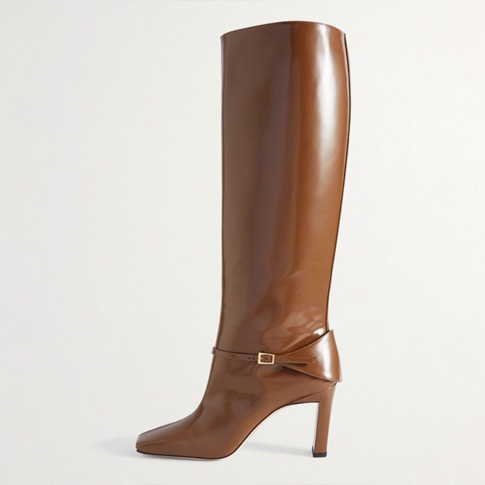 Brown Vegan Leather Square Toe Chunky Heel Wide Calf Knee High Boots